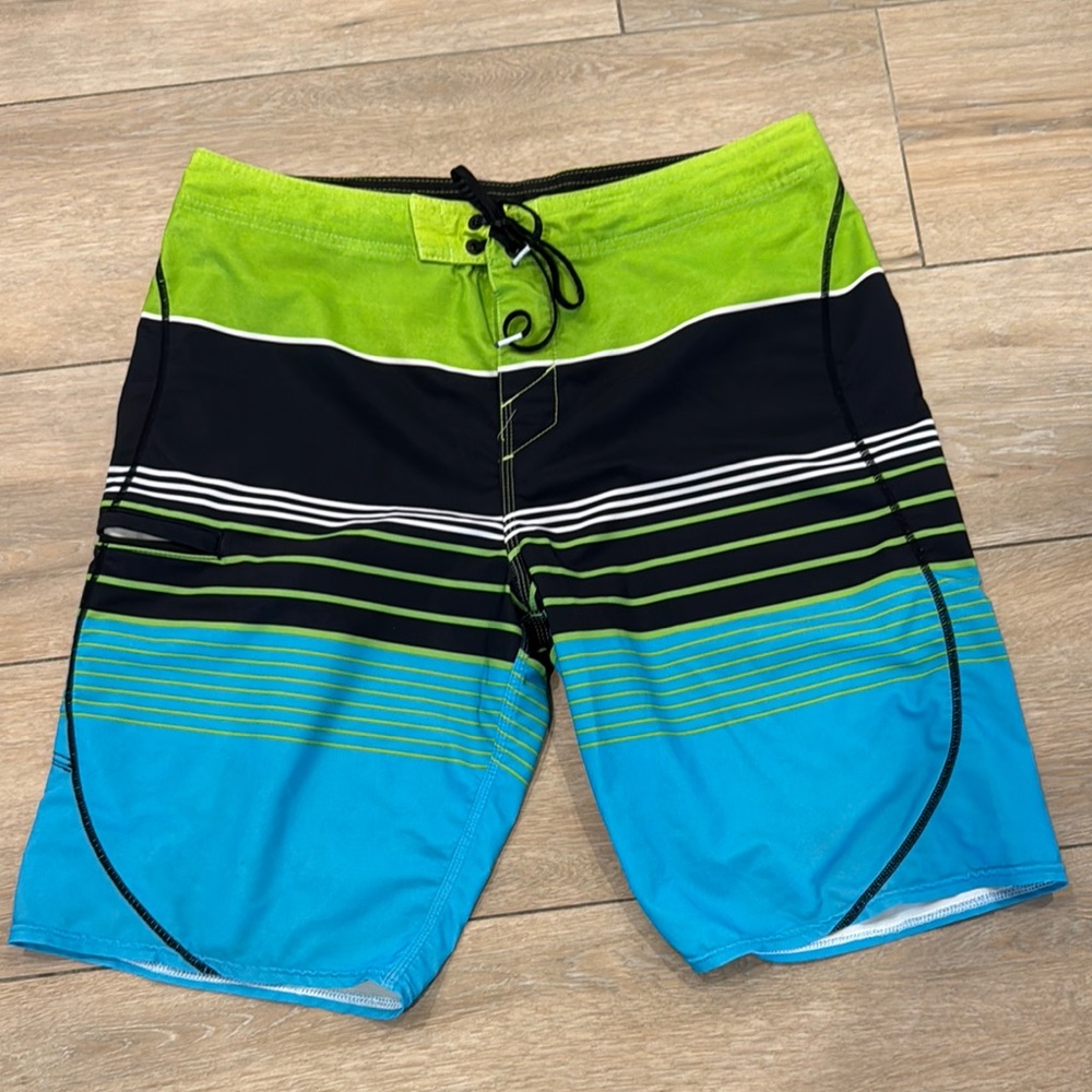 O'Neill Green and Blue Swim Board Shorts with Lace-Up Front SZ 34
